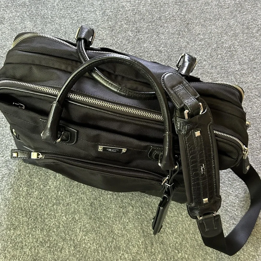 TUMI Black Ballistic Nylon Croc Embossed Leather Laptop Briefcase Bag
